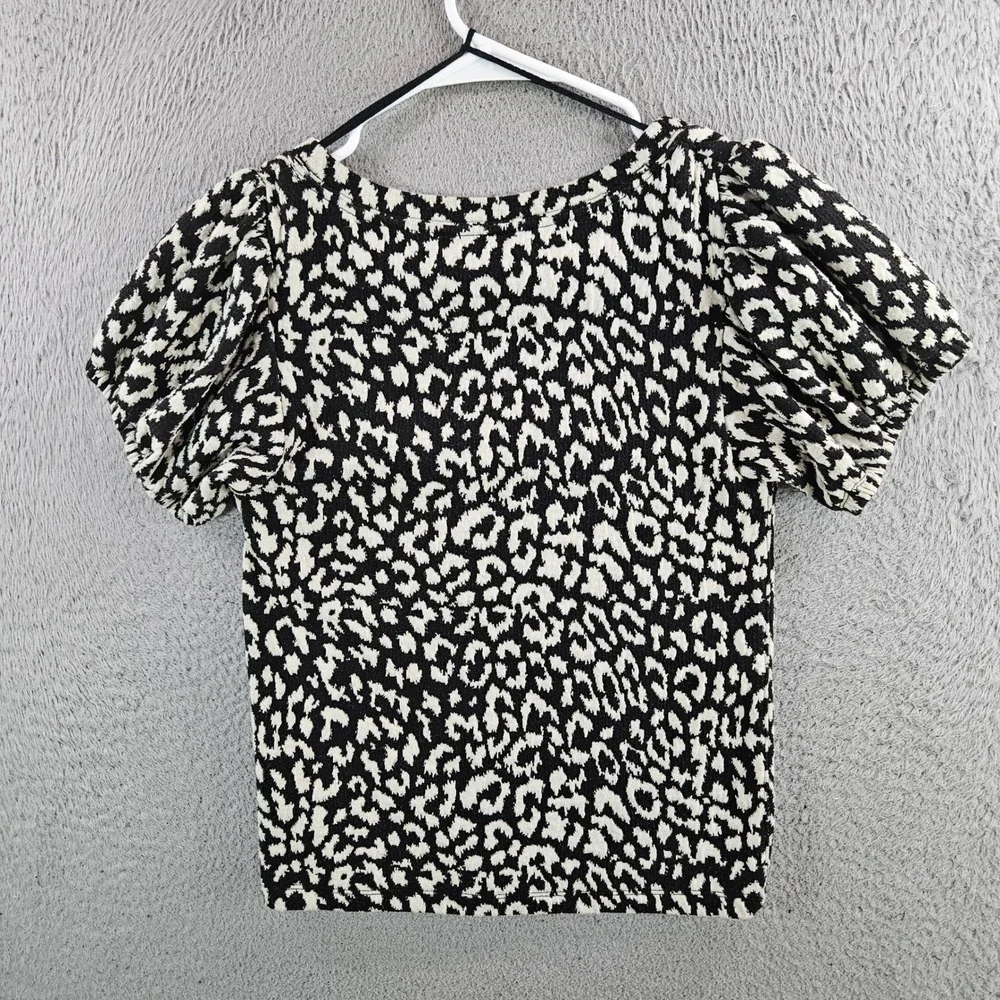Free People Womens Small Black Leopard Puff Sleeve Square Neck Top